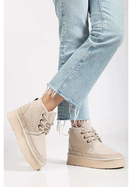 (Sema) Içi Yünlü Kalın Eva Hafif Tabanlı Bağcıklı Bot Bej fırsatları