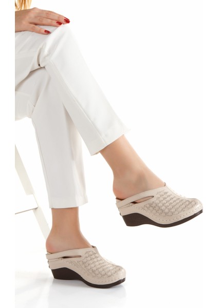 Iç Dış %100 Hakiki Deri Önü Kapalı Sabo Model Dolgu Hafif Taban Kadın Terlik