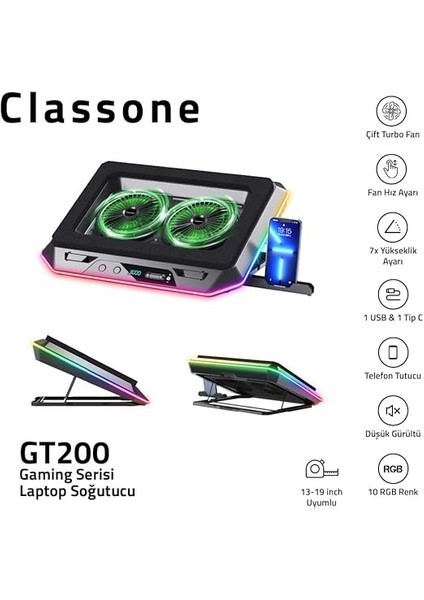 Gaming GT200 Laptop Soğutucu Notebook Stand, 3000 Rpm,10 Rgb Işık Kontrolü, 15.6-17 Inch, Hız Kontrolü, 2 Büyük Fan,telefon Standı, 1 Type-C Usb,1 USB fiyatları