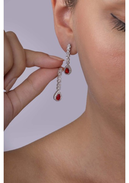 Yakut Taşlı Damla Motifli Rodyum Kaplama Gümüş Küpe modelleri