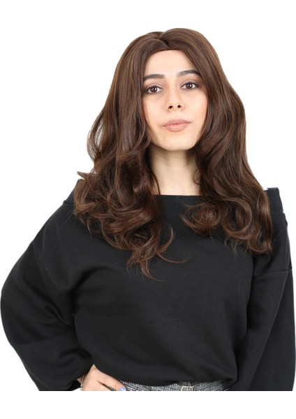 Kahkülsüz Fiber Sentetik Orta Boy Dalgalı Peruk - Kahve Karamel