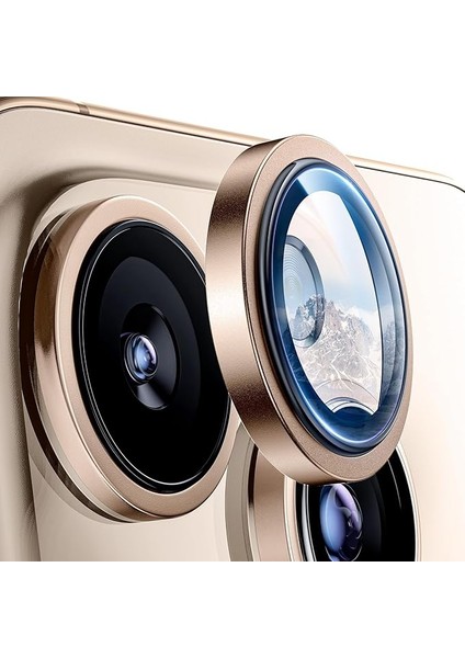 iPhone 16 Pro ve 16 Pro Max ile Uyumlu Kolay Kurulum Aparatlı Alüminyum Alaşım Çerçeveli ve 9h Sertliğinde Temperli Camlı Lens Koruyucu (Çöl Titantum, Lens Glass)