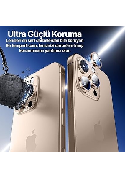 iPhone 16 Pro ve 16 Pro Max ile Uyumlu Kolay Kurulum Aparatlı Alüminyum Alaşım Çerçeveli ve 9h Sertliğinde Temperli Camlı Lens Koruyucu (Çöl Titantum, Lens Glass) fiyatları