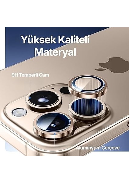 iPhone 16 Pro ve 16 Pro Max ile Uyumlu Kolay Kurulum Aparatlı Alüminyum Alaşım Çerçeveli ve 9h Sertliğinde Temperli Camlı Lens Koruyucu (Çöl Titantum, Lens Glass) modelleri