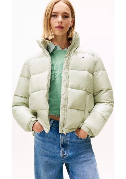 Kadın Dik Yaka Crop Şişme Mont - Açık Yeşil