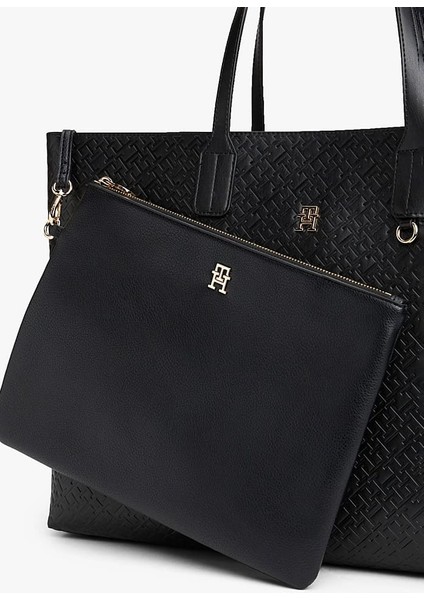 Kadın Gofre Monogram Desenli Cüzdanlı Omuz Çantası - Siyah fırsatları