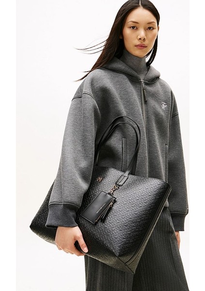 Kadın Gofre Monogram Desenli Cüzdanlı Omuz Çantası - Siyah indirimleri