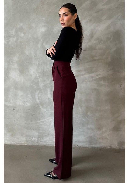 Bordo Likralı Cırt Kapamalı Palazzo Pantolon MG2291