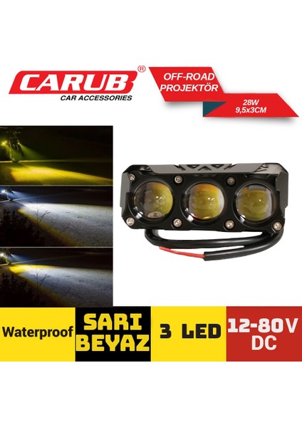 Sis Farı (1 Adet) Carub Off-Road 12-80V 3led 28W Sarı-Beyaz 9,5x3