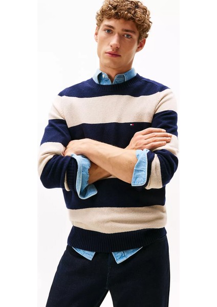 Erkek Regular Fit Çizgili Kuzu Yünü Bisiklet Yaka Kazak - Lacivert/bej