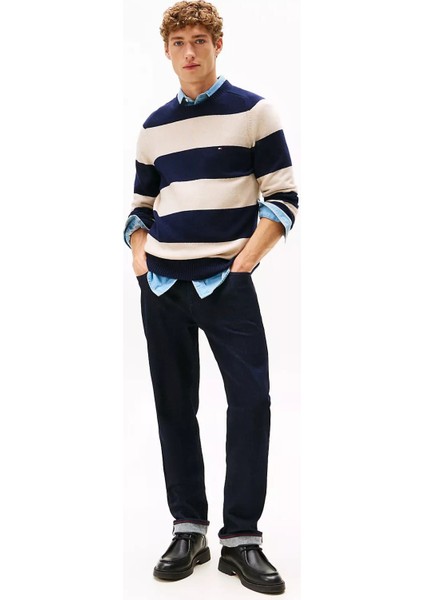 Erkek Regular Fit Çizgili Kuzu Yünü Bisiklet Yaka Kazak - Lacivert/bej fiyatları