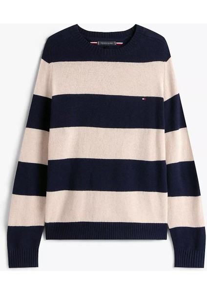 Erkek Regular Fit Çizgili Kuzu Yünü Bisiklet Yaka Kazak - Lacivert/bej indirimleri