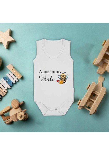 Annesinin Balı Baskılı Beyaz Pamuklu Body Çıtçıtlı Zıbın