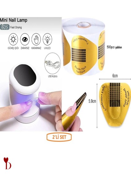 Mini Uv LED Nail Kurutucu Pratik + Şablon 500 Adet Gold Kağıt 2'li Set