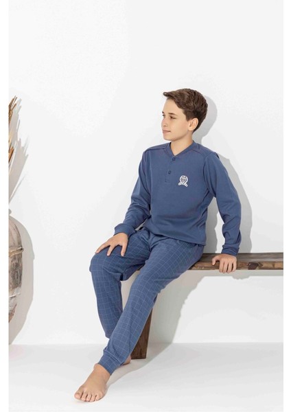 Tarık 10-15 Yaş Erkek Çocuk T Arma Nakış Interlok Pijama Takımı 5100320 - Mavi