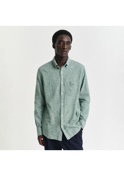 Erkek Yeşil Regular Fit Düğmeli Yaka Keten Gömlek