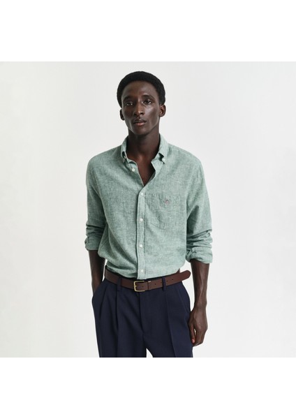 Erkek Yeşil Regular Fit Düğmeli Yaka Keten Gömlek fiyatları