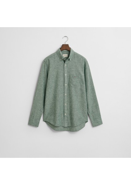 Erkek Yeşil Regular Fit Düğmeli Yaka Keten Gömlek indirimleri