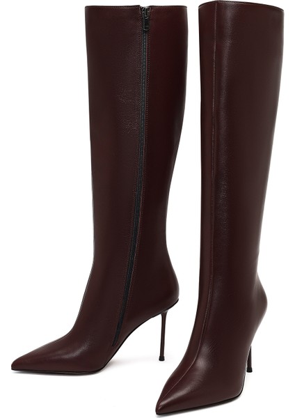 Kadın Bordo Fermuarlı Yüksek Ince Topuklu Deri Çizme 25WFD101618 modelleri