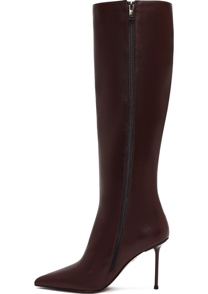 Kadın Bordo Fermuarlı Yüksek Ince Topuklu Deri Çizme 25WFD101618 fırsatları
