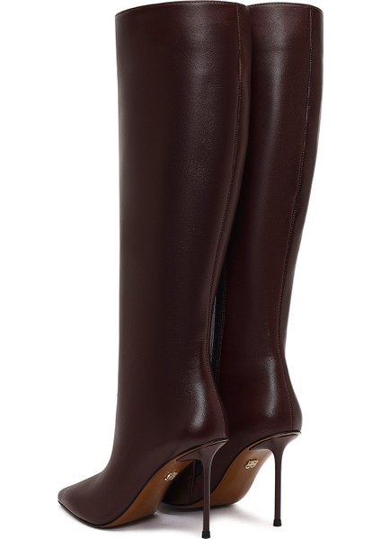 Kadın Bordo Fermuarlı Yüksek Ince Topuklu Deri Çizme 25WFD101618