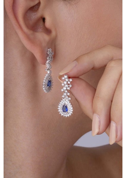 Hürrem Sultan Modeli Safir Taşllı Damla Motifli 925 Ayar Gümüş Küpe