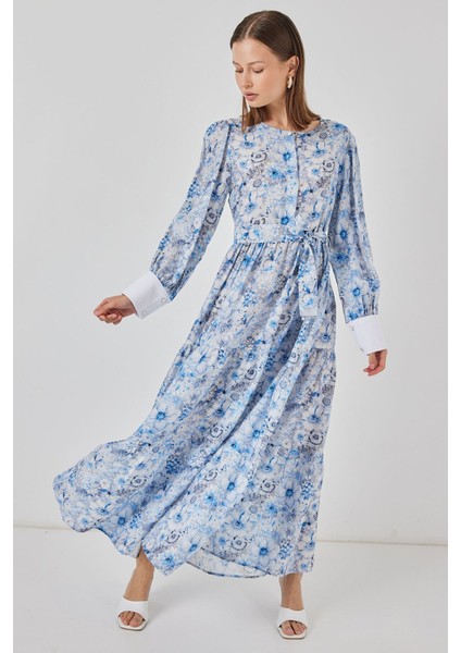 Kadın Bdart Viskon Karışımlı Düğmeli Desenli Maxi Elbise Maya Mavisi
