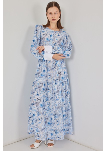 Kadın Bdart Viskon Karışımlı Düğmeli Desenli Maxi Elbise Maya Mavisi fırsatları