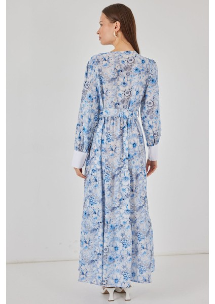 Kadın Bdart Viskon Karışımlı Düğmeli Desenli Maxi Elbise Maya Mavisi