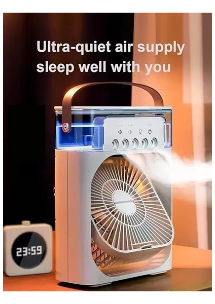 Mini Buharlı Hava Soğutucu, Taşınabilir Portatif Klima, Mobil Sulu Klima, 3 Rüzgar Hızı, 3 Sis Modu, Buzlu Vantilatör 5 Sprey Delikli ile Renkli LED Işıklı Beyaz Renk - HR025 (Beyaz) fiyatları