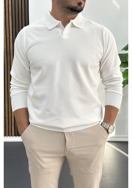 Erkek Açık Yaka Düz Desen Normal Kalıp Kazak Beyaz EDW423
