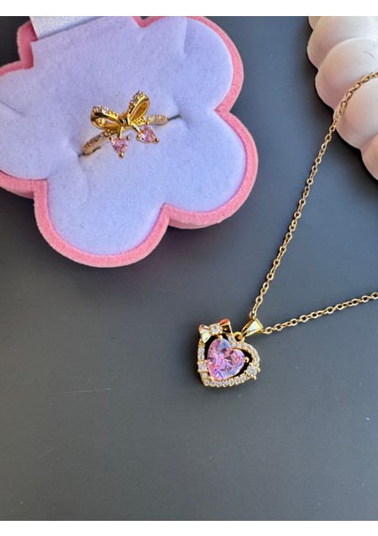 Pembe Fiyonk Kolye Yüzük Seti Çelik