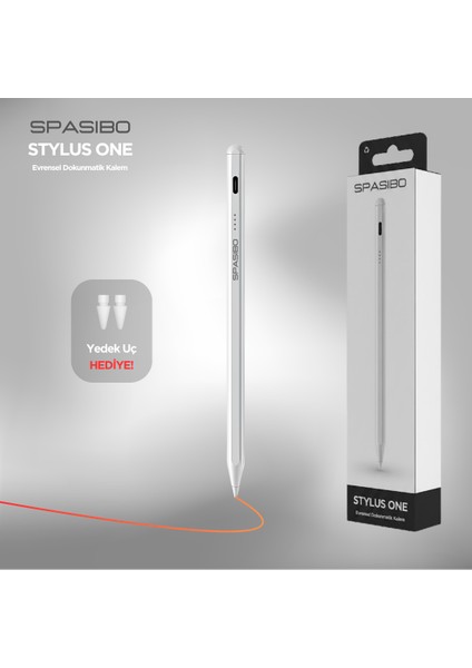 Stylus One Evrensel Dokunmatik Kalem | Ipad, Android ve Windows Uyumlu | Type-C Şarj, LED Göstergeli | Hediye Yedek Uç
