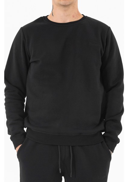 Erkek Siyah Sweatshirt Bisiklet Yaka Rahat Kalıp 3 Iplik Şardonlu Nakışlı