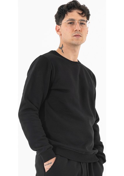 Erkek Siyah Sweatshirt Bisiklet Yaka Rahat Kalıp 3 Iplik Şardonlu Nakışlı fiyatları