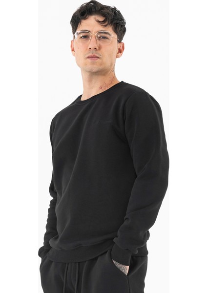 Erkek Siyah Sweatshirt Bisiklet Yaka Rahat Kalıp 3 Iplik Şardonlu Nakışlı modelleri