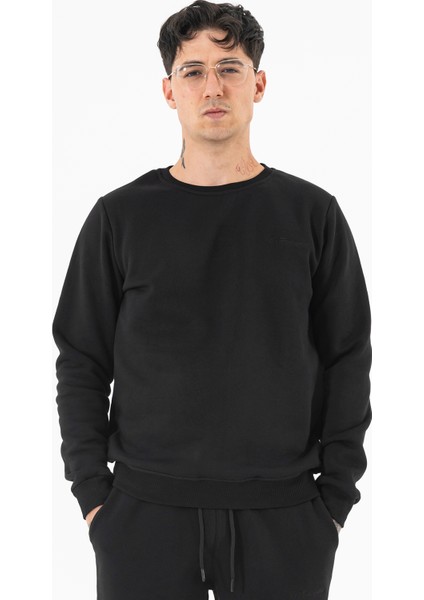 Erkek Siyah Sweatshirt Bisiklet Yaka Rahat Kalıp 3 Iplik Şardonlu Nakışlı indirimleri