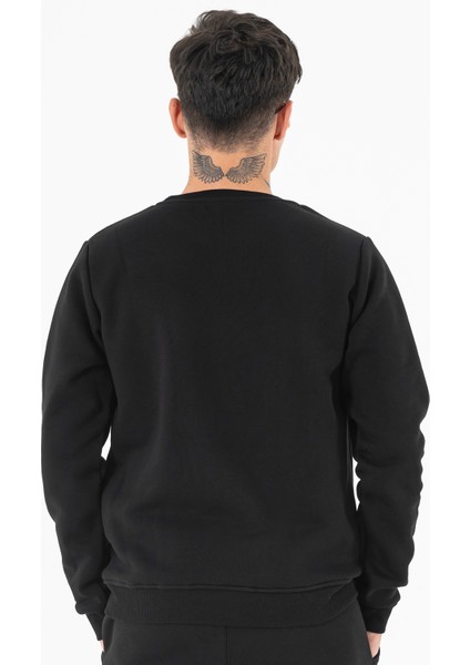 Erkek Siyah Sweatshirt Bisiklet Yaka Rahat Kalıp 3 Iplik Şardonlu Nakışlı