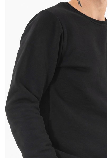 Erkek Siyah Sweatshirt Bisiklet Yaka Rahat Kalıp 3 Iplik Şardonlu Nakışlı