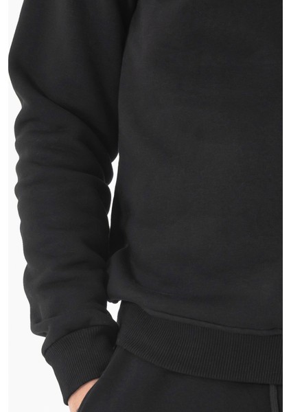 Erkek Siyah Sweatshirt Bisiklet Yaka Rahat Kalıp 3 Iplik Şardonlu Nakışlı