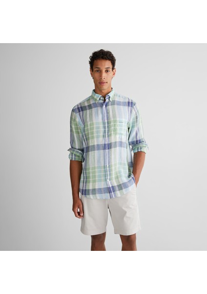 Erkek Yeşil Regular Fit Düğmeli Yaka Kareli Gömlek