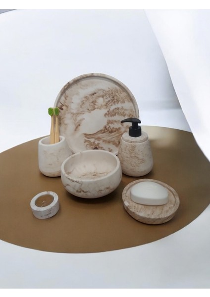 6'lı Mermer Desen Bej Beton Banyo Seti ,sıvı Sabunluk Diş Fırçalığı Aksesuar Takım