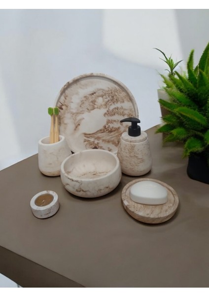 6'lı Mermer Desen Bej Beton Banyo Seti ,sıvı Sabunluk Diş Fırçalığı Aksesuar Takım fiyatları