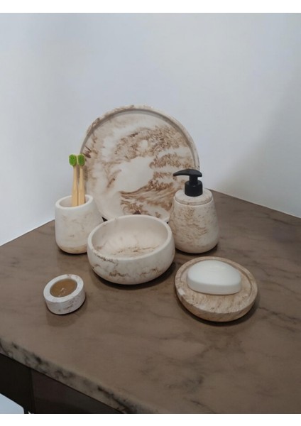 6'lı Mermer Desen Bej Beton Banyo Seti ,sıvı Sabunluk Diş Fırçalığı Aksesuar Takım modelleri