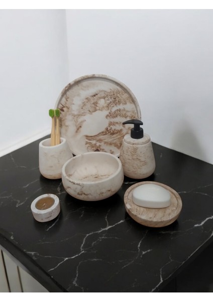 6'lı Mermer Desen Bej Beton Banyo Seti ,sıvı Sabunluk Diş Fırçalığı Aksesuar Takım fırsatları