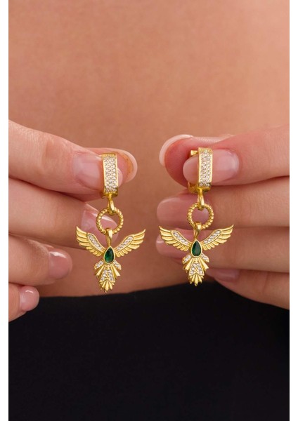 Zümrüt Taşlı Altın Kaplama Anka Kuşu 925 Ayar Gümüş Küpe