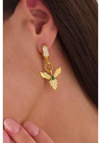 Zümrüt Taşlı Altın Kaplama Anka Kuşu 925 Ayar Gümüş Küpe modelleri