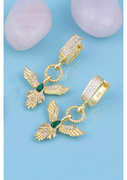 Zümrüt Taşlı Altın Kaplama Anka Kuşu 925 Ayar Gümüş Küpe fırsatları