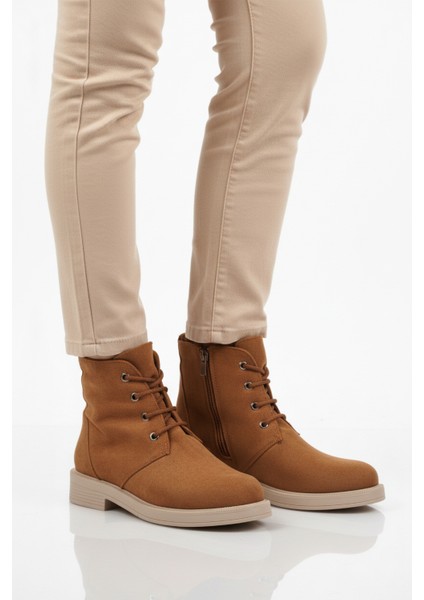Taba Süet Bağcıklı Fermuarlı Kadın Topuklu Bot