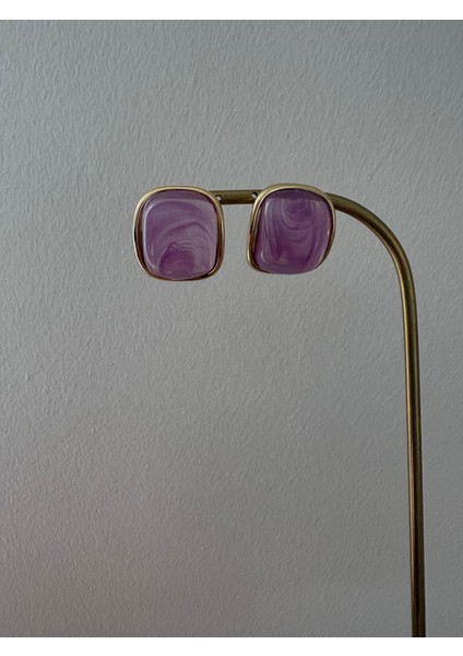 Mor Renkli Kare Düğme Model Gold Çelik Küpe